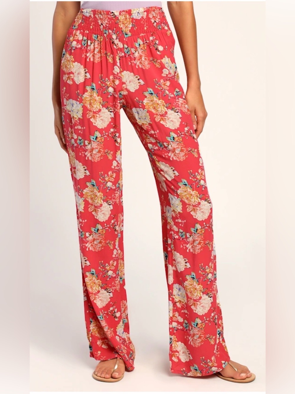 O'Neill Women’s Johnny Red Floral Wide-Leg Pants. Smocked Elastic Waist. Size S